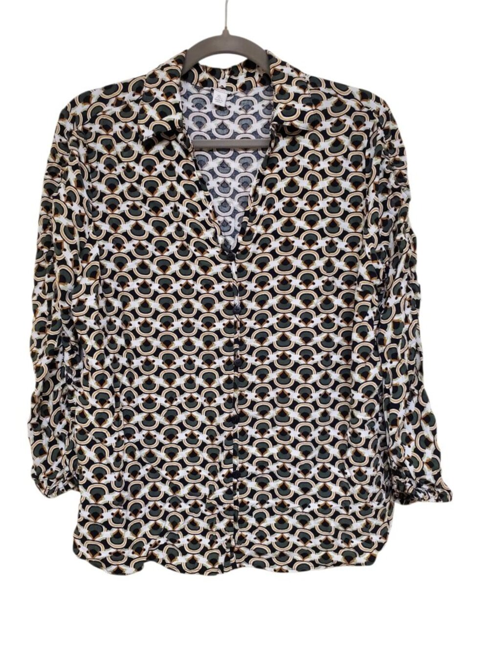 Cato Women's White Green Tan Retro 70s Print Lightweight Button Up Shirt XL